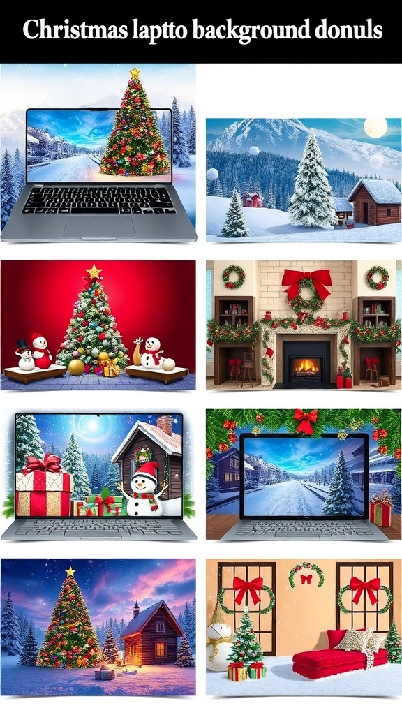 A selection of colorful Christmas laptop backgrounds featuring winter scenes, Christmas trees, and holiday decorations.